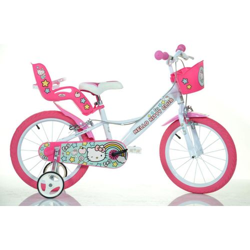 Dino Bigioni Hello Kitty Kinderfahrrad Mädchenfahrrad 16 Zoll | Original Lizenz | Kinderrad mit Stützrädern, Puppensitz und Fahrradkorb - Das Hello Kitty Fahrrad als Geschenk für Mädchen