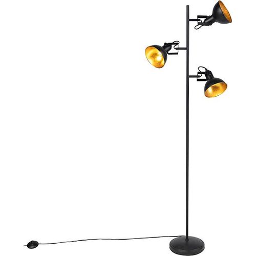 QAZQA - Industrie I Vintage I Smarte Stehleuchte I Stehlampe I Standleuchte I Lampe I Leuchte Schwarz mit Gold I Messing 3-flammig inkl. 3 WiFi P45 - Tommy I Wohnzimmer I Schlafzimmer - Stahl Rund I L