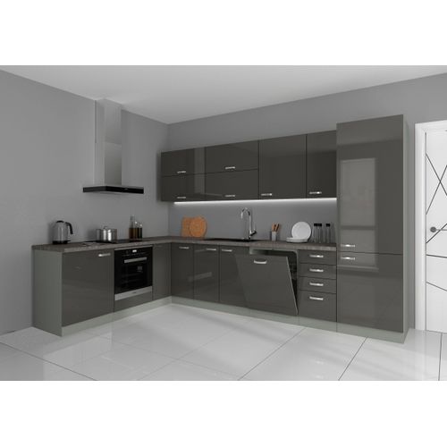 Küche Bianca Ecke II 210x330 cm Küchenzeile in Hochglanz Grau Küchenblock Grey
