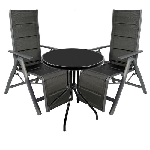3-teiliges Campingmöbel Set Glas Tisch Ø60x70cm + 2 Stühle klappbar