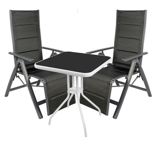 3-teiliges Campingmöbel Set Glas Tisch 60x60x70cm + 2 Liegestühle