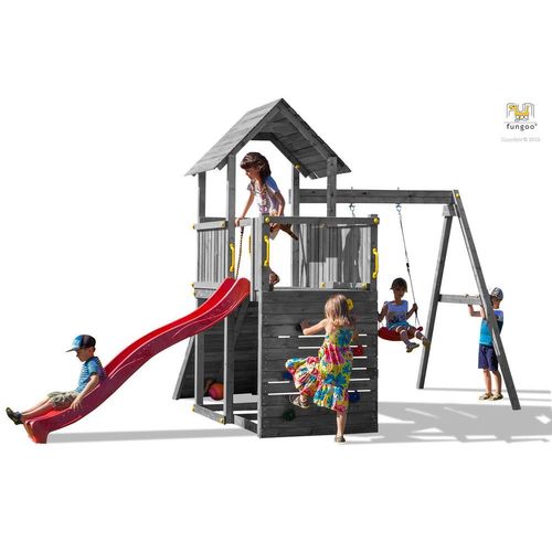 CAROL3 / NADELHOLZ grau FUNGOO Spielturm Rutsche Schaukel klettern Outdoor Holz
