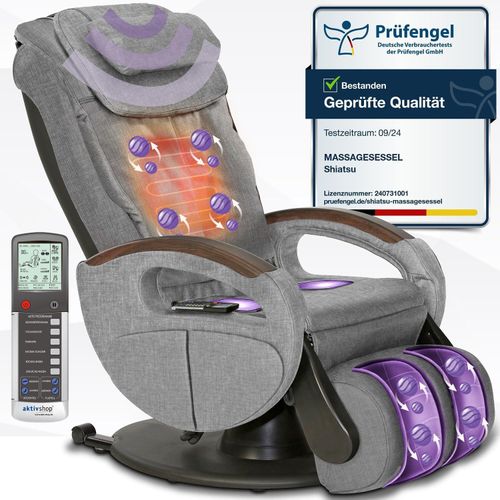 ELONEO Massagesessel mit elek. Aufstehfunktion, Shiatsu-Massage, Wärmefunktion, 4 Massagetechniken, 6 Massagezonen, Transportrollen (Stoff Grau)