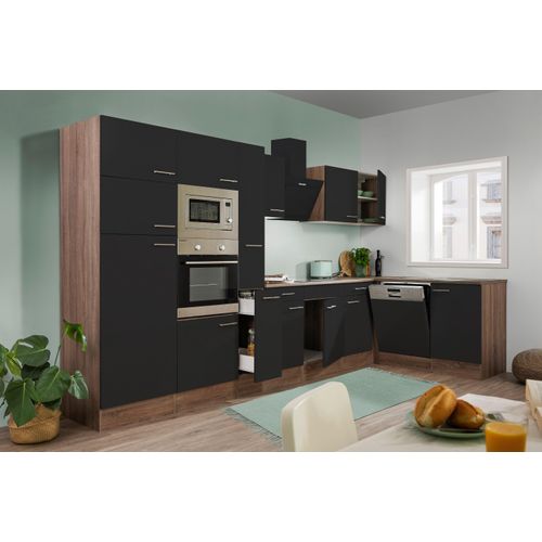 Küche Küchenzeile Winkelküche Eiche York schwarz Oliver 370 x 172 cm Respekta
