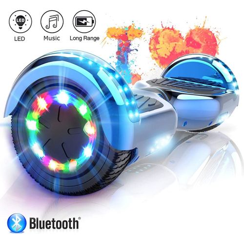 Hoverboard-Elektro Scooter 6,5 LED E-Balance Scooter mit Motorbeleuchtung E-Skateboard Elektroroller Bluetooth LED chrome blau
