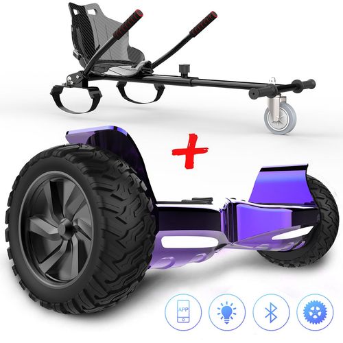 8,5 Zoll SUV Hoverboard lila mit Hoverkart carbon schwarz, |leistungsstarker LED-Motorbeleuchtung Bluetooth+App| All Terrain Self Balancing Scooter mit Gokart für Erwachsene und Kinder