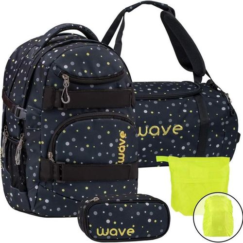 Wave Schulrucksack Set Mädchen Jungen 4tlg schwarz mit Punkten mit Sporttasche Schlamper Regenschutz ab 5. Klasse