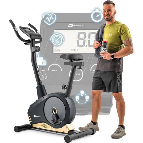 Hop-Sport Heimtrainer Fahrrad Spark Gold für Zuhause - magnetischer Hometrainer mit verstellbarem Sitz & Lenker, Pulssensoren, LCD-Display - bis 120kg
