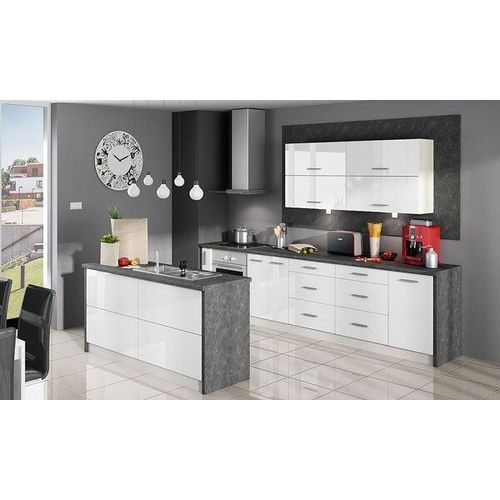 Küchenzeile 305x160cm grau / weiß Hochglanz Küchenblock Modern Küche Komplett