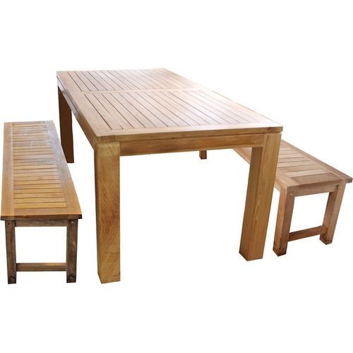 Gartenmöbel Garnitur 3-tlg. Esstisch Teakholz 180x90x75cm + 2 Teakholz Bänke