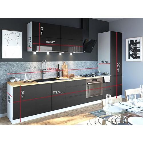 Küchenzeile FLORENCE mit Arbeitsplatte 372cm weiß Front schiefergrau semi matt Teilauszug