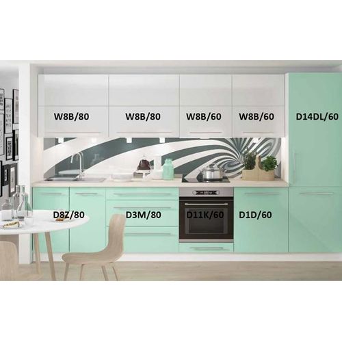Lackierter Küchenblock Küchenzeile 340cm weiß / RAL 6027 lichtgrün - RAL 9010 reinweiß Hochglanz Lack