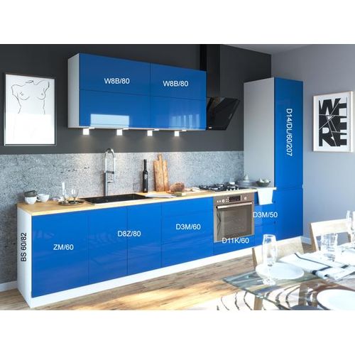 Küchenzeile FLORENCE mit Arbeitsplatte 372cm weiß Front signalblau Hochglanz Teilauszug