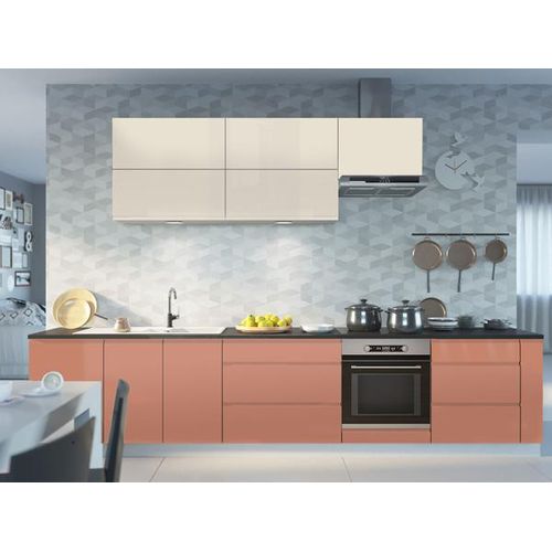 Küchenzeile FLORENCE Einbauküche 355cm weiß Front cremeweiß beigerot Hochglanz Teilauszug