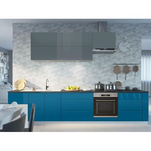 Küchenzeile FLORENCE Einbauküche 355cm weiß Front graublau capriblau Hochglanz Teilauszug