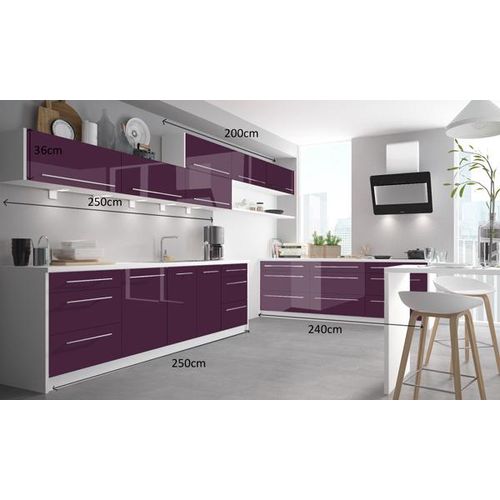 Küchenblock Küchenzeile Einbauküche 490cm weiß / purpurviolett Hochglanz lackiert