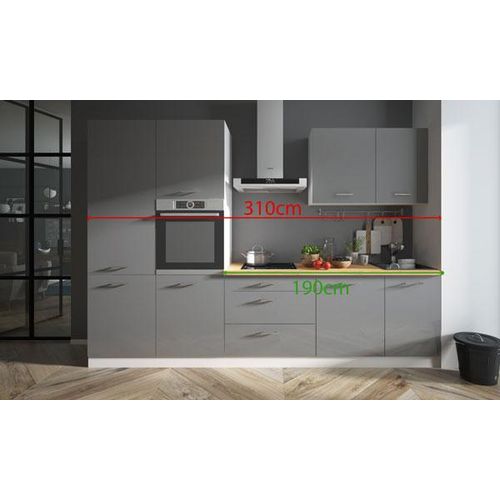 Küchenblock 310cm weiß / graphit Acryl Hochglanz Küchenzeile Modern Küche