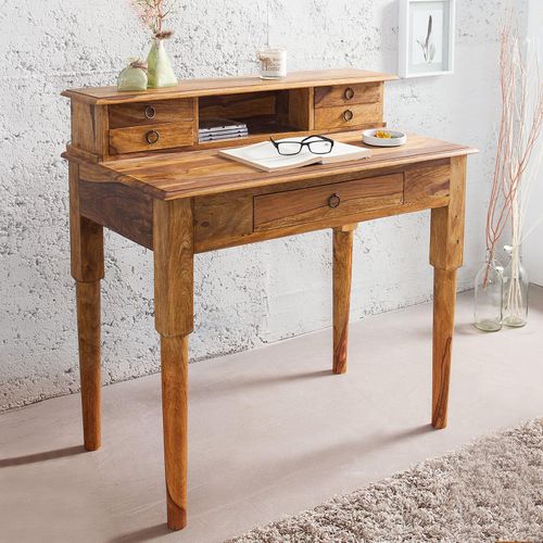 cagü: Exklusiver Design Sekretär & Schreibtisch [SATNA] Sheesham massiv Holz mit 5 Schubladen 90cm x 50cm