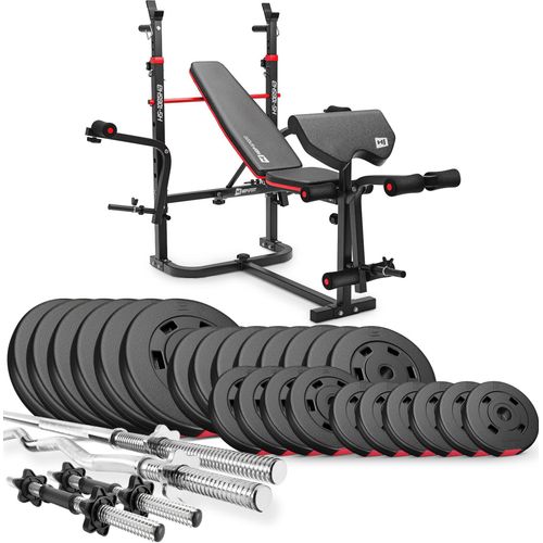 Hop-Sport Hantelbank HS-1065 + Curlpult - inkl. 135 KG Hantelset: Lang-, Curl- & Kurzhantelstange, Gewichte/Hantelscheiben