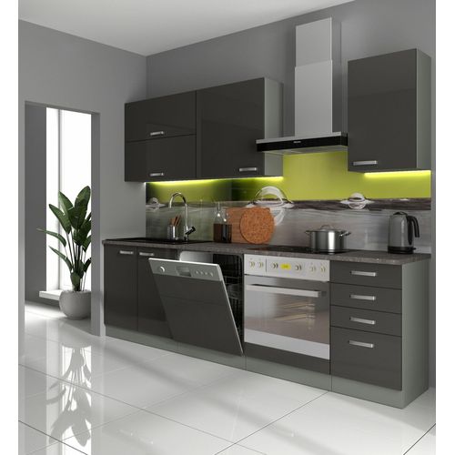 Küche Bianca Basic II 240 Küchenzeile Glanz Grau Küchenblock Einbauküche Grey