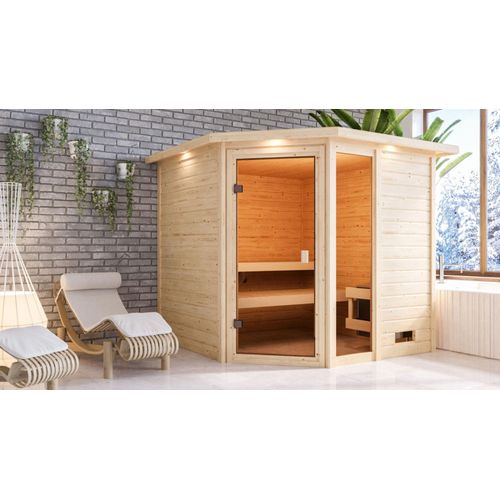 Karibu Sauna Innensauna Tabea Eckeinstieg Ofen 9 KW externe Strg easy 224x210x191 cm mit Dachkranz