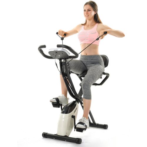 Merax Heimtrainer Fitnessbike 3-in-1 X-bike mit Expanderbändern und Handpulssensoren, Magnetische Faltbares Fitnessfahrrad mit 10 Widerstandsstufen, Fitnessgeräte, Max. Benutzergewicht 120 kg, Weiß