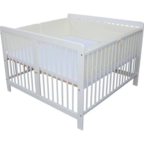 Zwillingsbett Zwillingskinderbett Kinderbett für Zwillinge massiv weiss mit 2 Matratzen 120x120cm + Nestchen beige