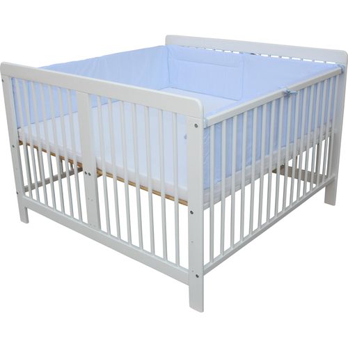 Zwillingsbett Zwillingskinderbett Kinderbett für Zwillinge massiv weiss mit 2 Matratzen 120x120cm + Nestchen blau