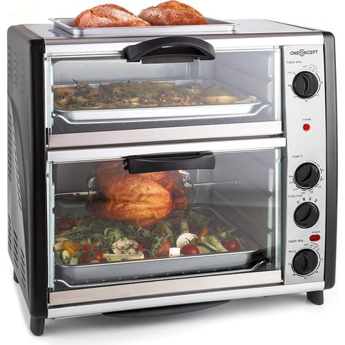oneConcept All-You-Can-Eat Doppel-Backofen - elektrischer Backofen , zwei getrennten Backräume , 42 Liter Gesamtvolumen , Grillplatte , 2400 W , einstellbare Temperatur: 60-240°C , Edelstahl , silber