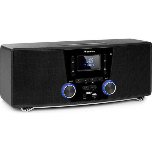 auna Stockton Micro Stereosystem - 20W max. (2X 5W RMS), DAB+, UKW-Radiotuner, RDS-Funktion, CD-Player, Bluetooth, USB-Port, AUX-IN, OLED Display, X-Bass, EQ, Timer, Weckfunktion, schwarz