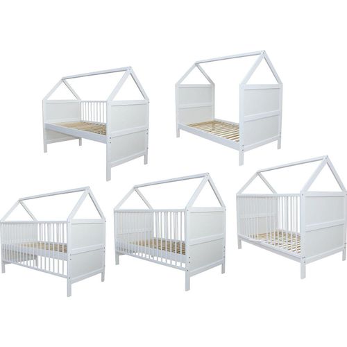 Babybett Kinderbett Juniorbett Bett Haus 140x70 cm umbaubar massiv weiss