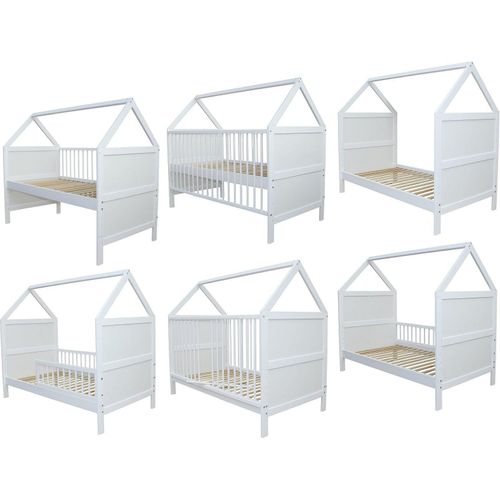 Babybett Kinderbett Juniorbett Bett Haus 140x70cm massiv weiss 0 bis 6 Jahren