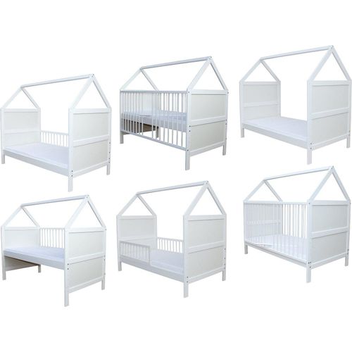 Babybett Kinderbett Juniorbett Bett Haus 140x70cm mit Matratze weiss 0 bis 6 Jahre