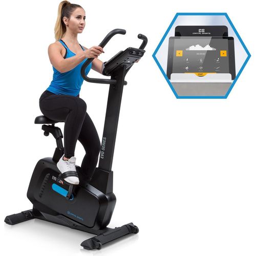 Capital Sports Evo Heimtrainer Fahrrad - Bluetooth Hometrainer, Ergometer mit magnetischem Bremssystem, 32 Stufen, App-Integration, Tablet-Halterung, Pulssensor, Stil: Pro, schwarz