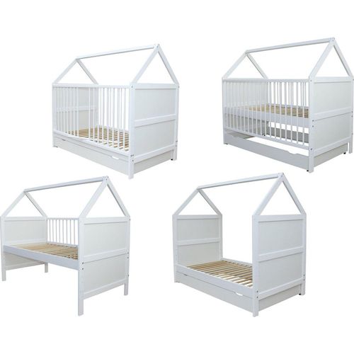 Babybett Kinderbett Juniorbett Bett Haus 140x70 cm umbaubar mit Schublade weiss