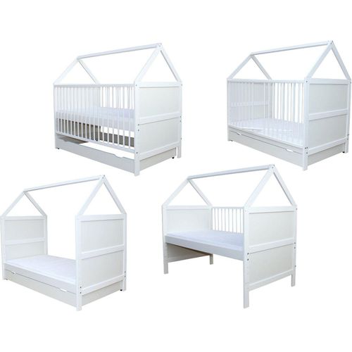 Babybett Kinderbett Juniorbett Haus 140x70cm mit Matratze und Schublade weiss