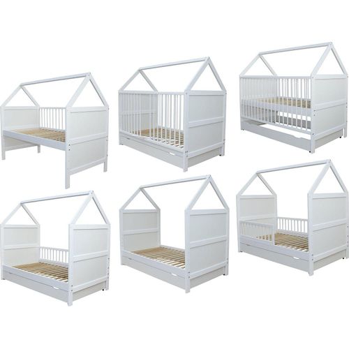 Babybett Kinderbett Juniorbett Bett Haus 140x70cm mit Schublade weiss 0 bis 6 Jahre
