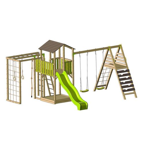 Wendi Toys Holz Spielturm Dino inkl. Rutsche, Kletterwand, Schaukel & Sandkasten Natur 438x561x307 cm