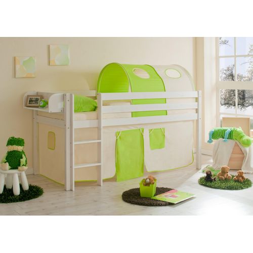 Hochbett Spielbett Malte Kiefer massiv Weiss, Vorhangstoff:Beige Grün