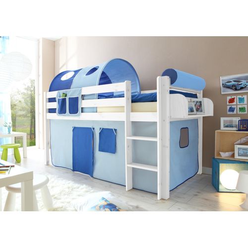 Hochbett Spielbett Malte Kiefer massiv Weiss, Vorhangstoff:Hellblau Dunkelblau
