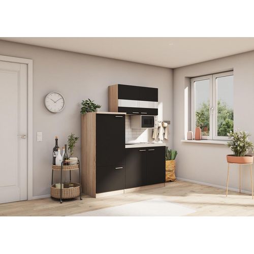 Küche Miniküche Single Eiche Schwarz Kühlschrank Luis 160 cm Respekta