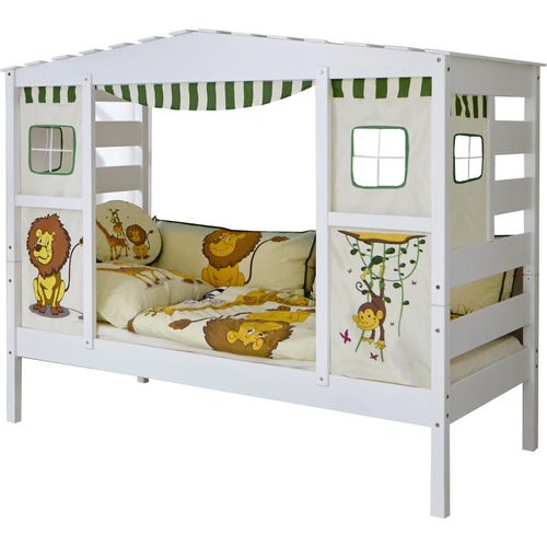 Hausbett Hochbett Spielbett Massivholz Kiefer Weiss Safari