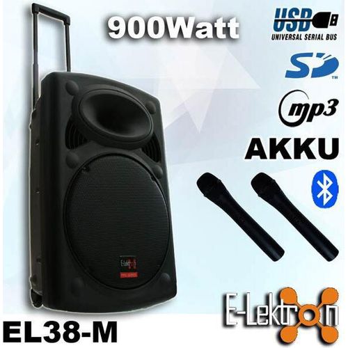 E-Lektron EL38-M 900W mobile PA Sound Anlage Akku-MP3-USB-SD-Bluetooth inkl. Funkmikrofone Soundsystem - EL815860