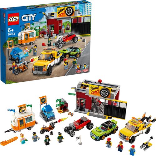 LEGO 60258 City Tuning-Werkstatt mit Spielzeugautos, Bausteine, Abschleppwagen, Hot Rod, Wohnanhänger und Motorrad für Kinder