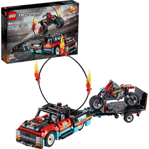 LEGO 42106 Technic Stunt-Show mit Truck und Motorrad Spielzeug für Kinder, 2-in-1 Modell, Lkw mit Rückziehmotor und Anhänger