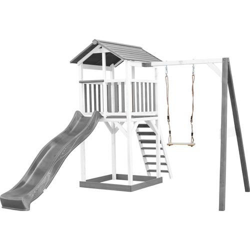 AXI Beach Tower Spielturm aus Holz in Weiß & Grau | Spielhaus für Kinder mit grauer Rutsche, Schaukel und Sandkasten | Stelzenhaus für den Garten