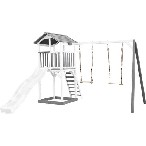 AXI Beach Tower Spielturm aus Holz in Weiß & Grau | Spielhaus für Kinder mit weißer Rutsche, Doppelschaukel und Sandkasten | Stelzenhaus für den