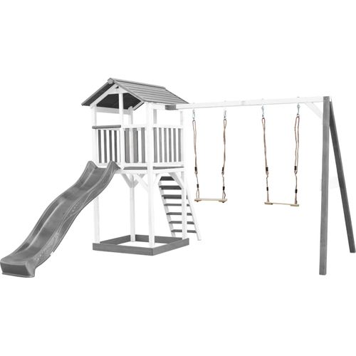AXI Beach Tower Spielturm aus Holz in Weiß & Grau | Spielhaus für Kinder mit grauer Rutsche, Doppelschaukel und Sandkasten | Stelzenhaus für den