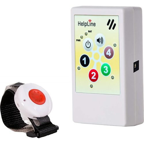 HelpLine 2.0: Mobiles Hausnotrufgerät mit Funk-Notruf-Armband, tragbarer Pflege-Alarm, Pflegeruf-Set, Notrufsystem mit angenehmen Ruftonmelodien