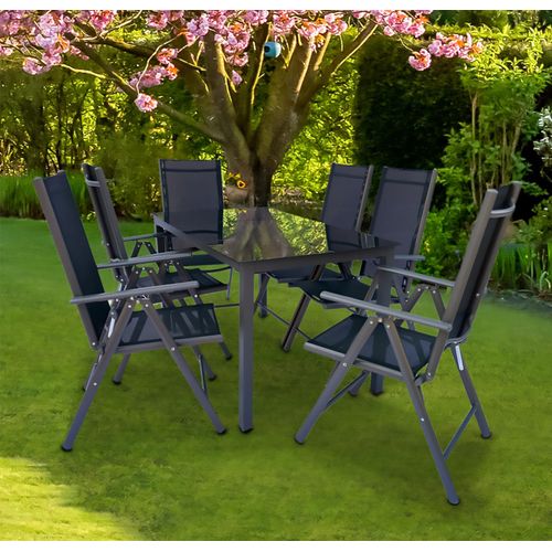 VCM 7 tlg. Set Gartenmöbel Alu Glas Gartenset Sitzgruppe Essgruppe Tisch Stühle 140 SW Anthrazit